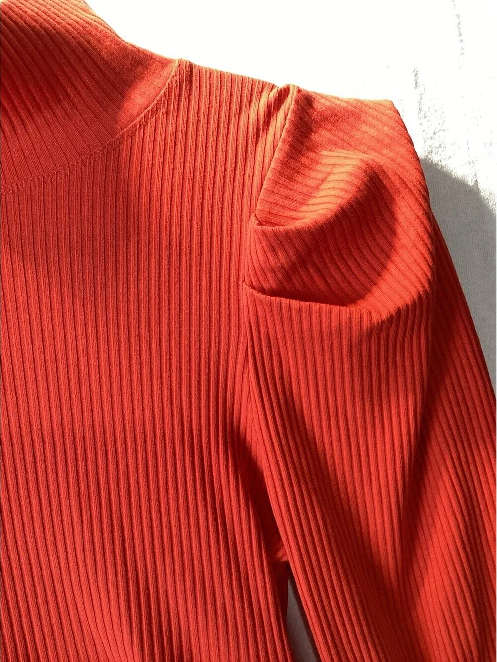 Free People Candy Red Ribbed Mock Neck Puff Sleeve Top Medium NWT Stretch Fitted